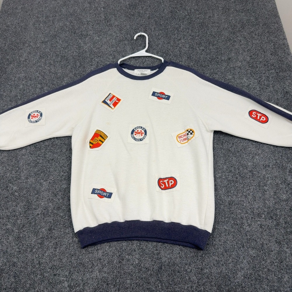 Vintage Adolfo Sport Sweatshirt Mens S White Polyester Cotton Racing Patches 80s